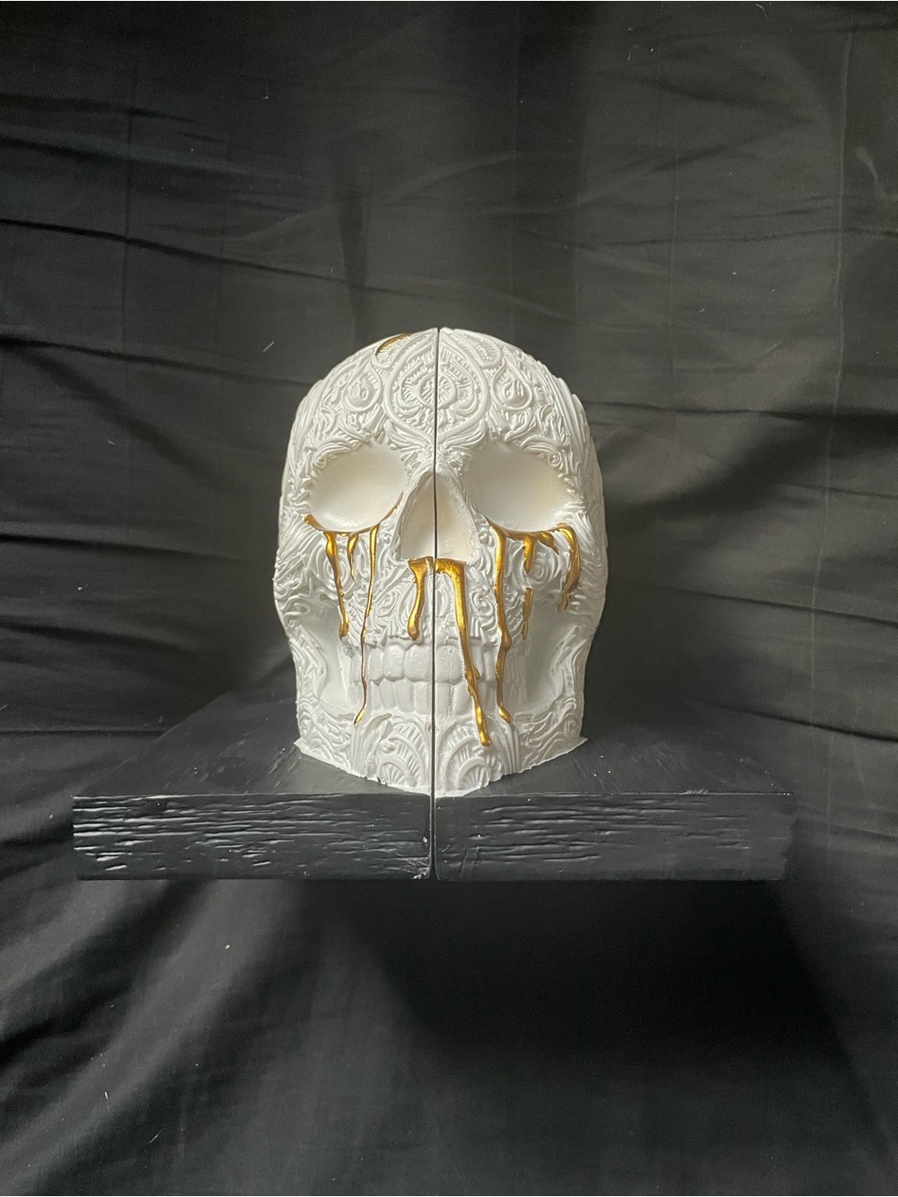White Skull With Gold Blood Bookends